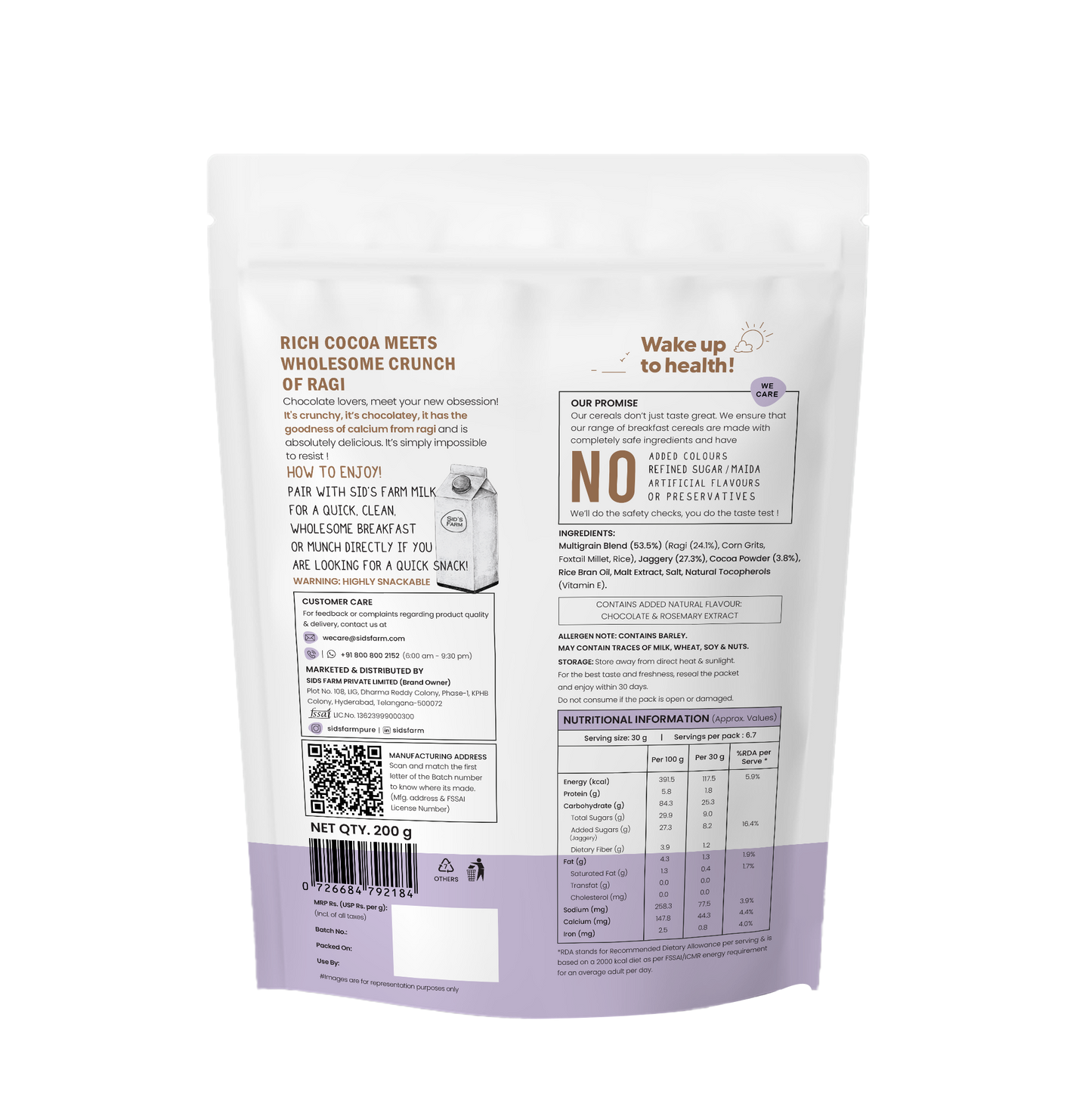 Sid’s Farm Choco Ragi Crunchers 30 g, healthy chocolate snack made with ragi