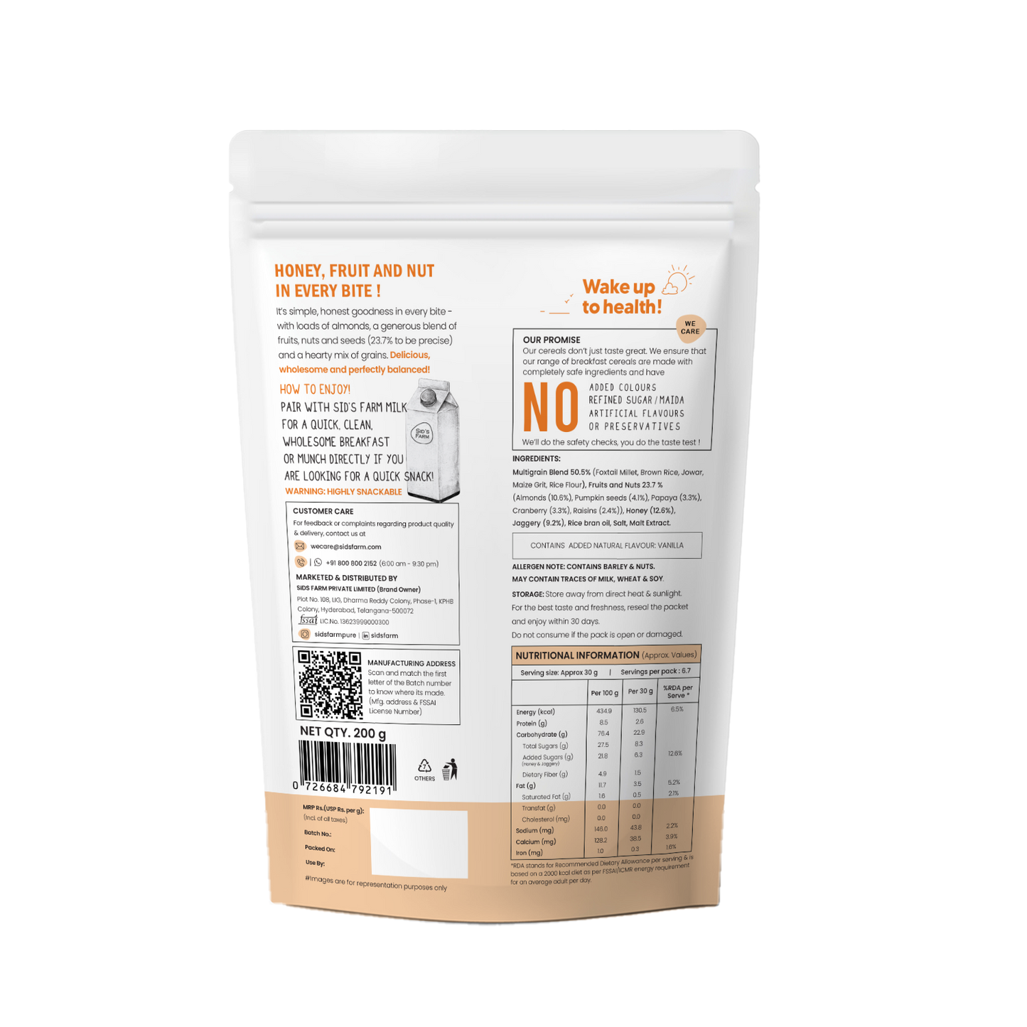 Sid’s Farm Honey Fruit and Nut Muesli 30 g, breakfast cereal with nuts fruits and honey