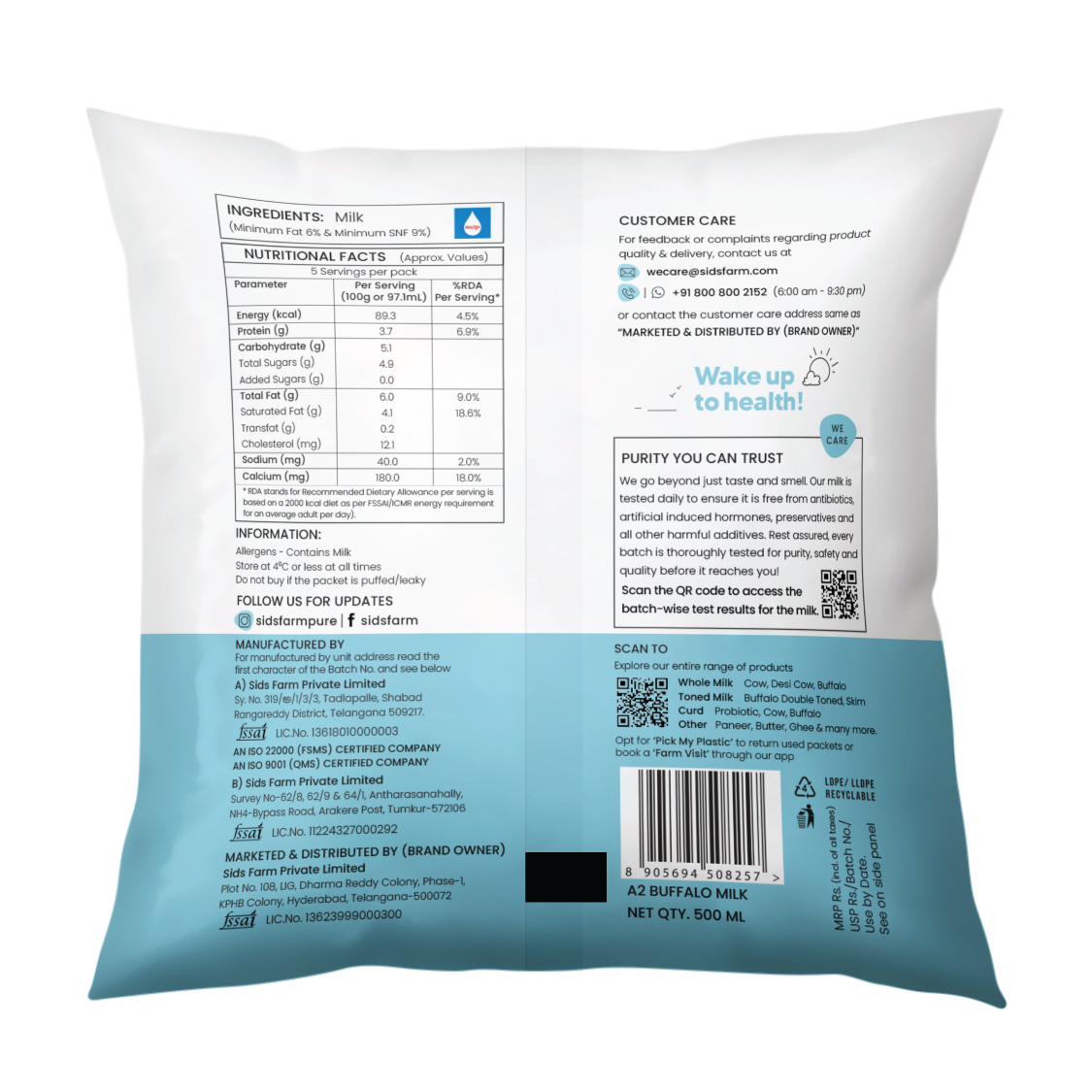 Sid’s Farm A2 Buffalo Milk 500 ml pack, thick and creamy pure buffalo milk