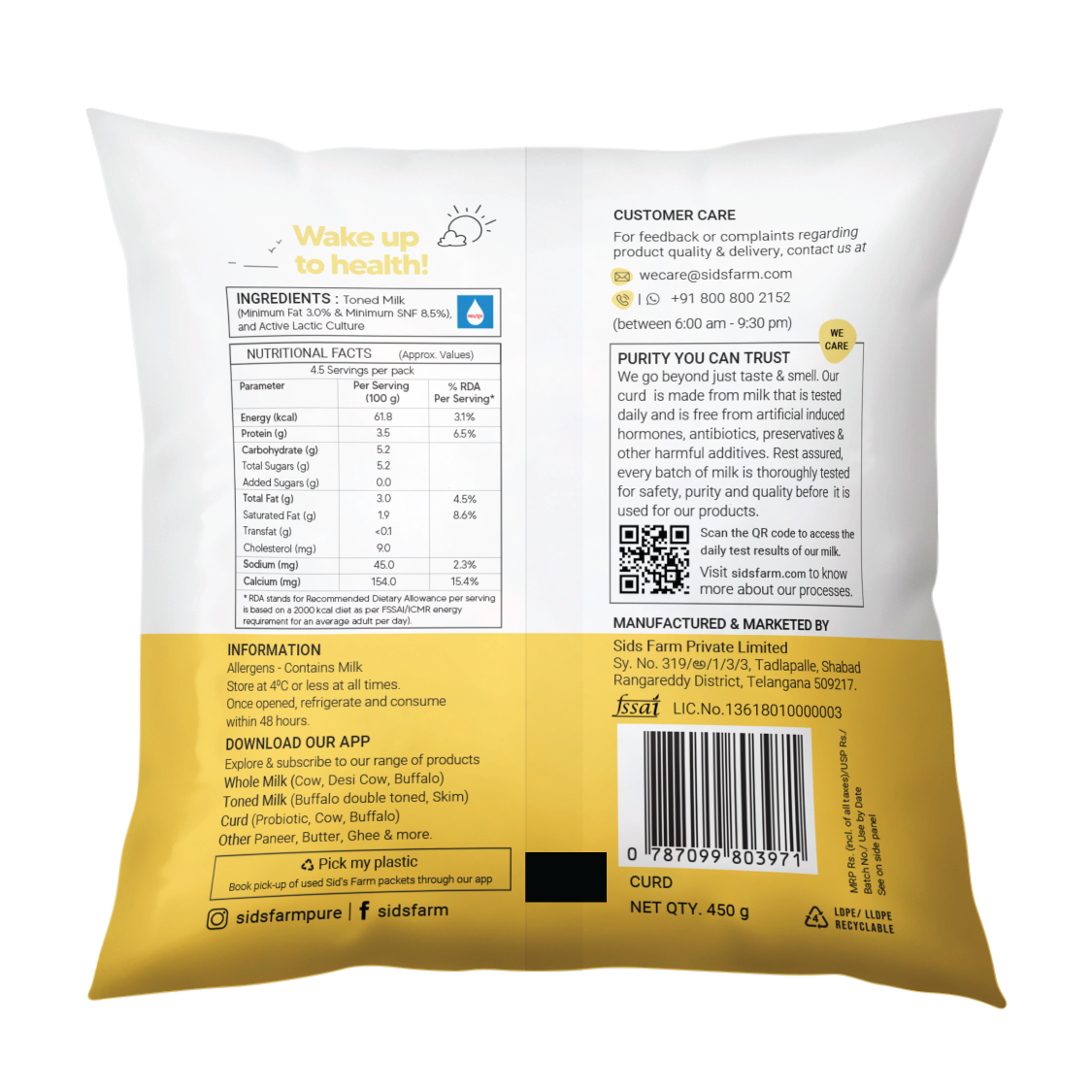 Sid’s Farm Fresh Curd pouch 450 g, smooth creamy curd with homemade taste