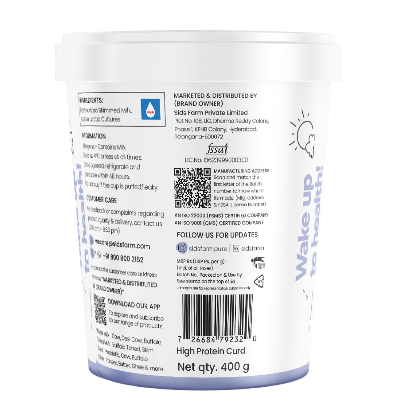 Sid’s Farm High Protein Curd 400 g, curd rich in protein