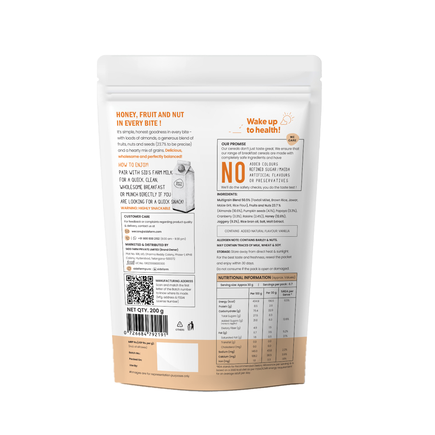 Sid’s Farm Honey Fruit and Nut Muesli 30 g, breakfast cereal with nuts fruits and honey