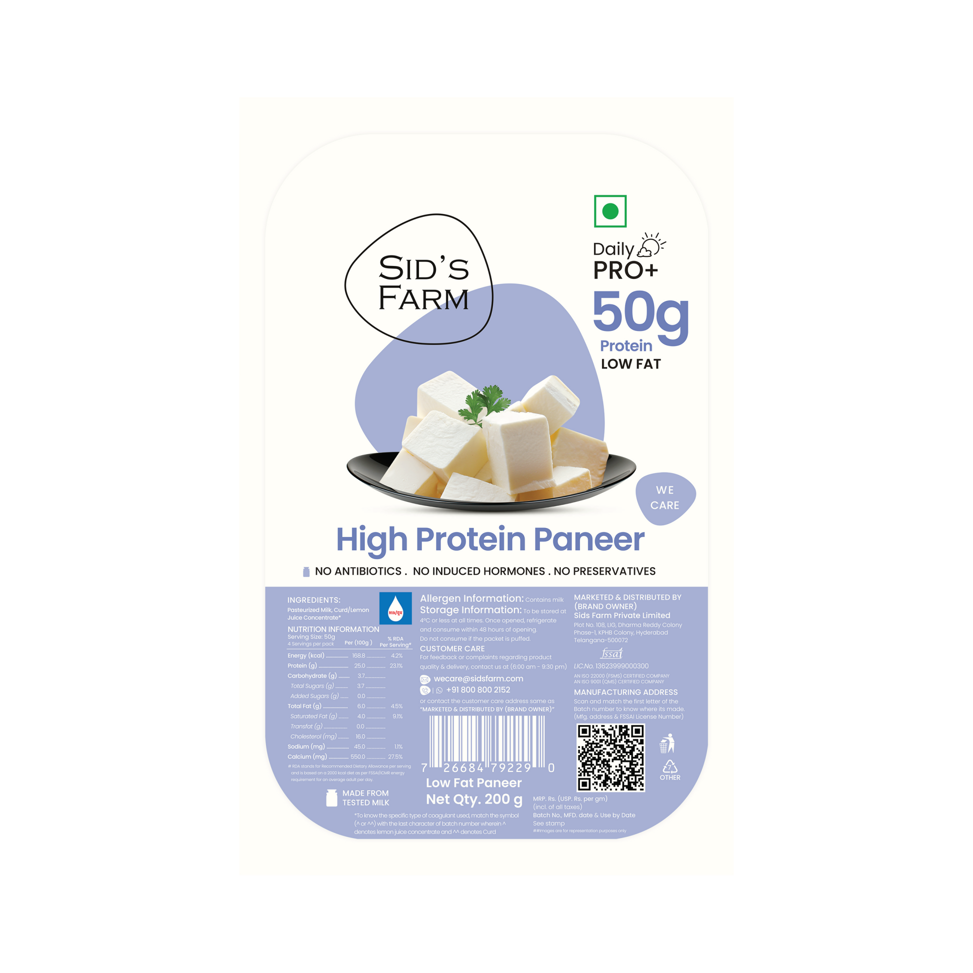 Sid’s Farm High Protein Paneer 200 g, fresh paneer with 50g protein