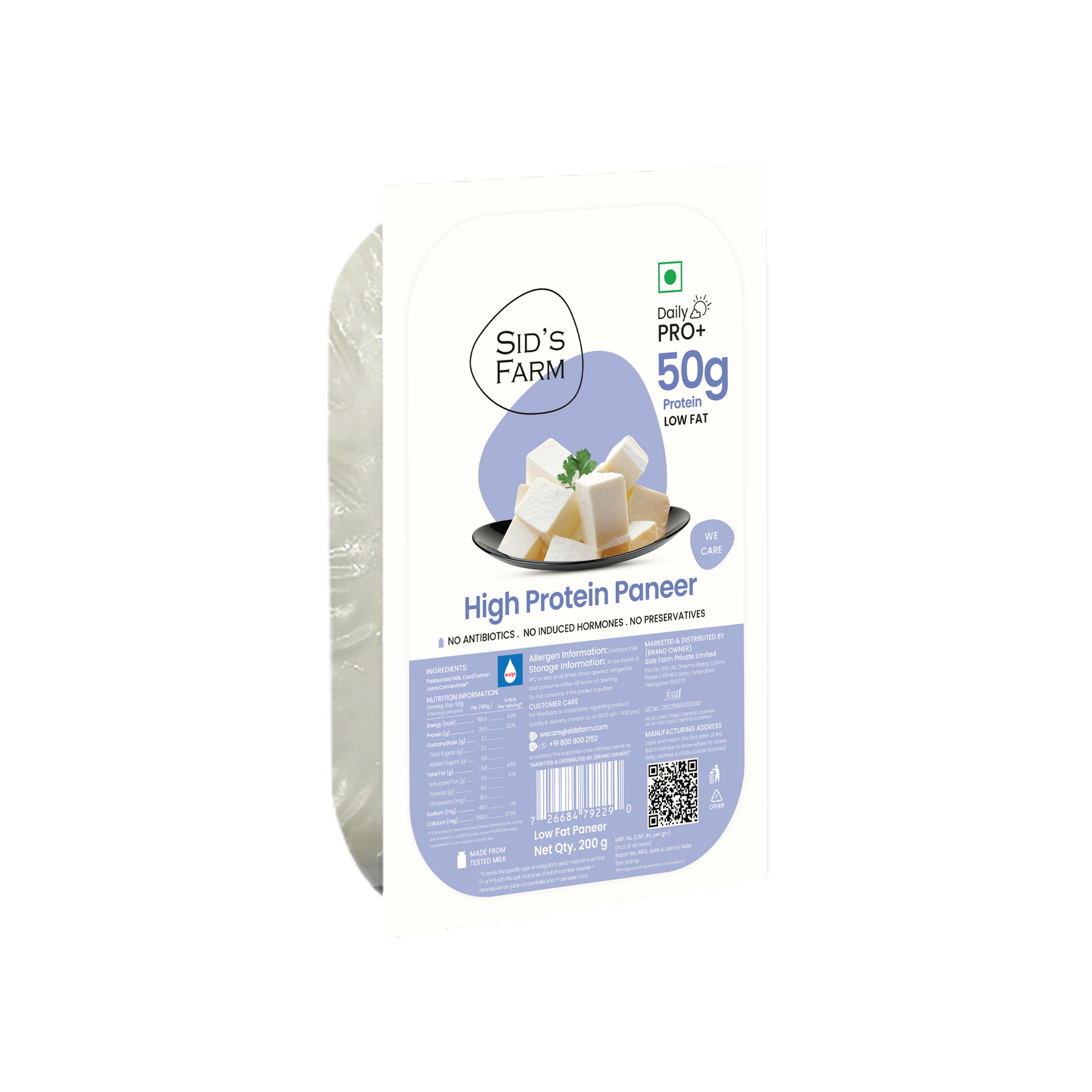 Sid’s Farm High Protein Paneer 200 g, fresh paneer with 50g protein