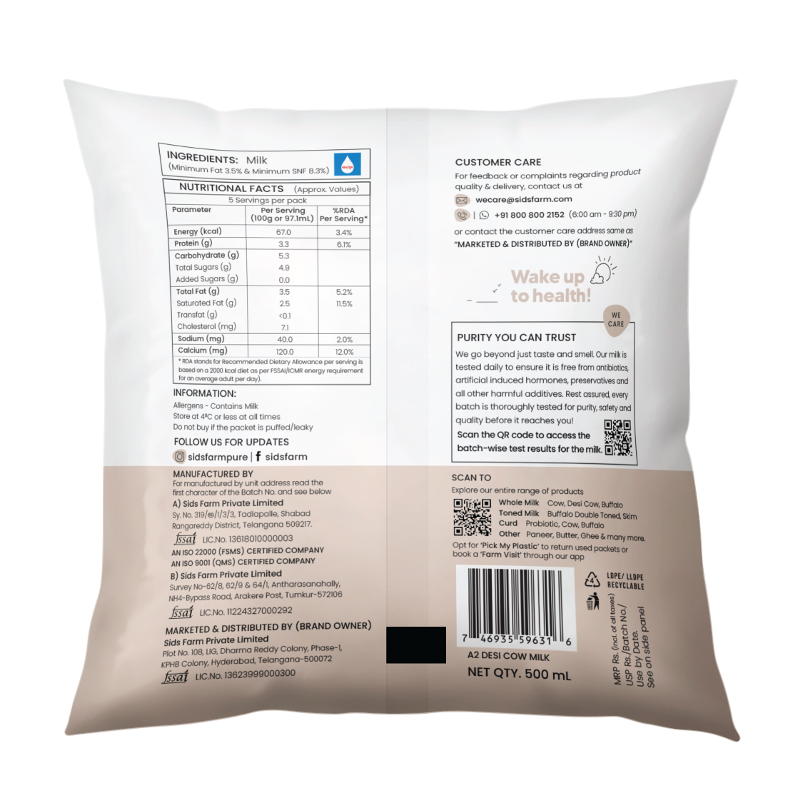 Sid’s Farm A2 Desi Cow Milk 500 ml, pure A2 milk from indigenous cows