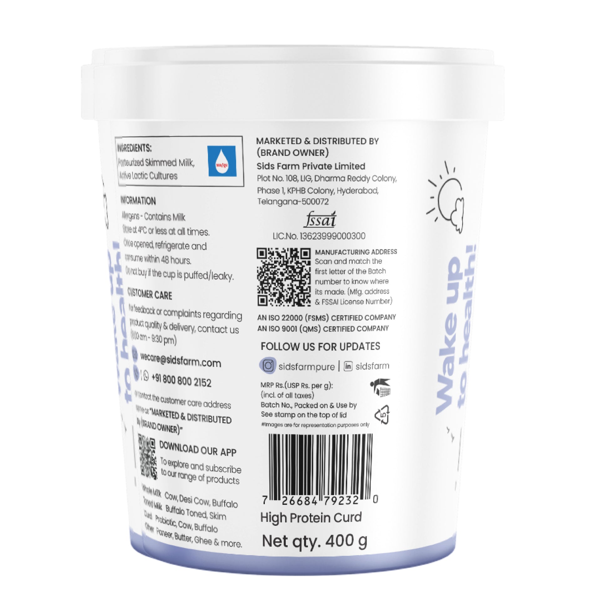 Sid’s Farm High Protein Curd 400 g, curd rich in protein