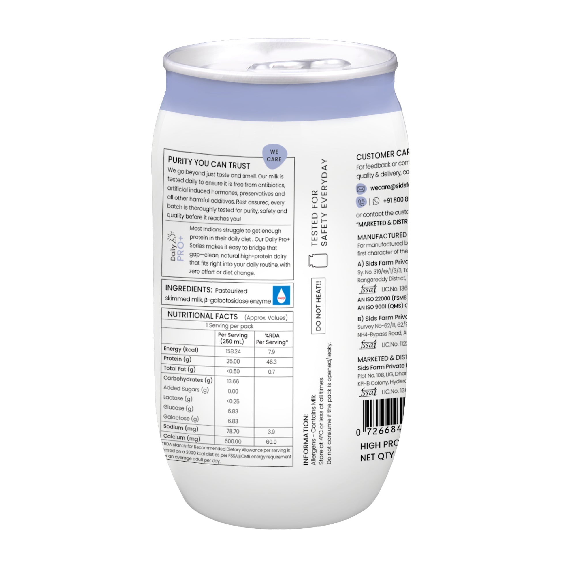 Sid’s Farm High Protein Milk 250 ml pack with 25g protein