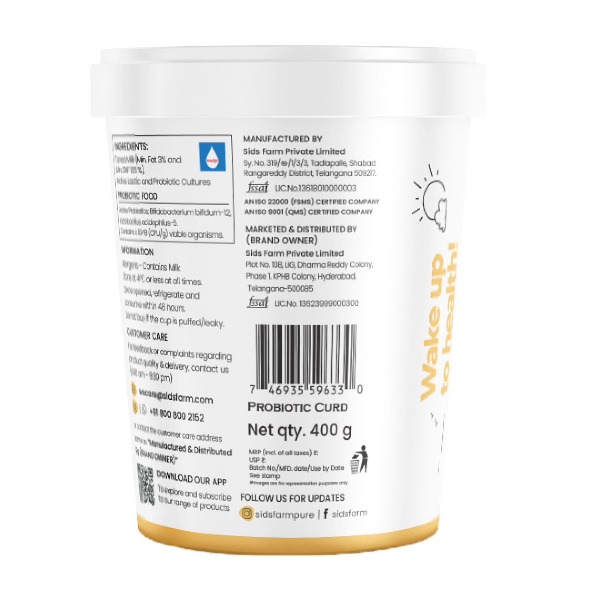 Sid’s Farm Probiotic Curd 400 g, creamy curd rich and gut friendy